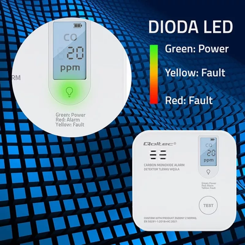 Rilevatore di monossido di carbonio QOLTEC 52577 — allarme a batteria, livello sonoro 85 dB