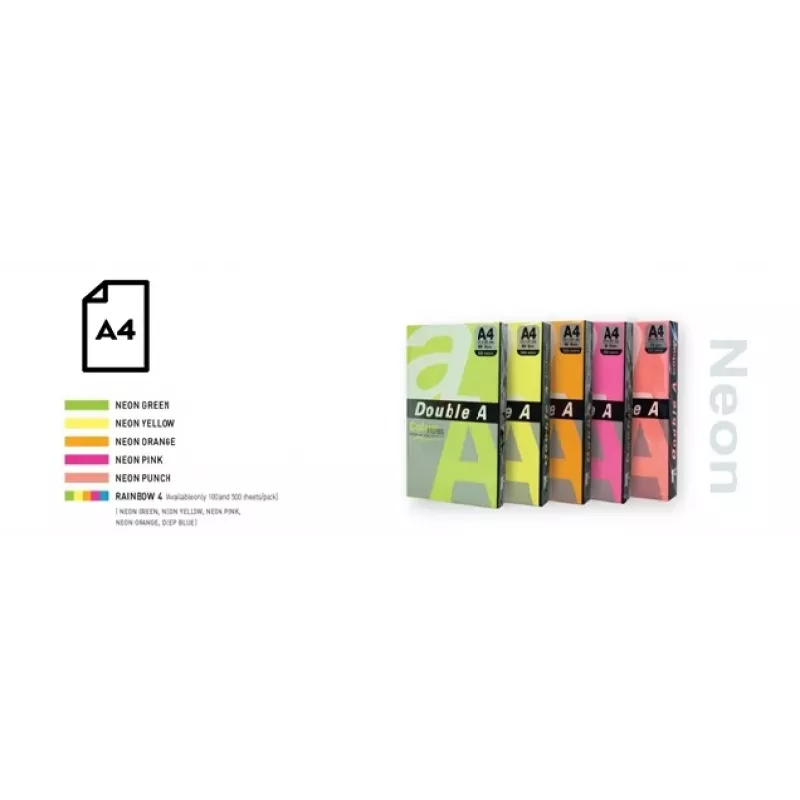 Carta neon colorata Double A, 75 g, A4, 100 fogli, Rainbow 4, 5 colori neon