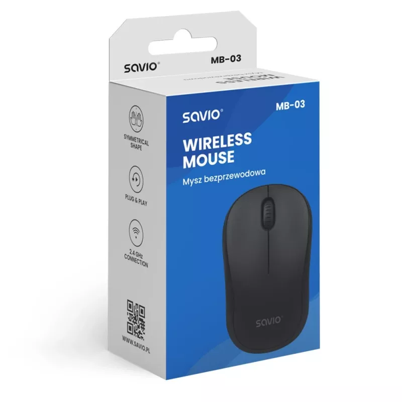 Savio MB-03 mouse ottico wireless, ricevitore USB 2,4 GHz, 1000 DPI, 3 pulsanti, batteria AA, 99x60x39 mm, 51 g, nero