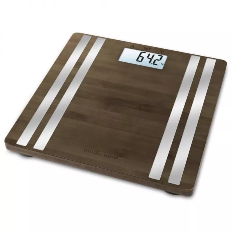 Bilancia pesapersone elettronica Medisana BS 552 — color argento con superficie in bambù, max 180 kg, precisione 100 g, Bluetooth, BMI, composizione corporea