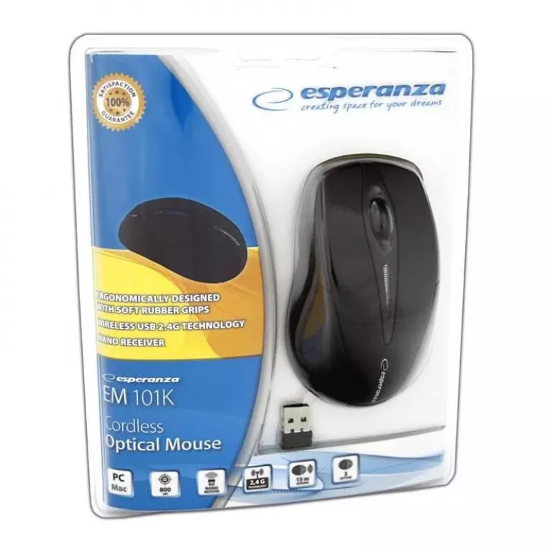 Mouse RF wireless ESPERANZA EM101K, ambidestro, 1000 DPI, ricevitore nano USB 2,4 GHz, nero
