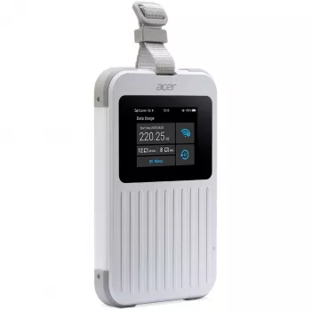Router portatile Acer Connect M6E con 20 GB, dual band (2,4 GHz + 5 GHz o 2,4 GHz + 6 GHz), Wi‑Fi 6E, 5G, IP68, 2x2 antenne interne, 4 GB RAM, CPU 2,5 GHz