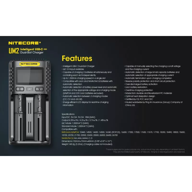 Caricabatterie Nitecore UM2 batterie domestiche DC ioni di litio nichel-cadmio