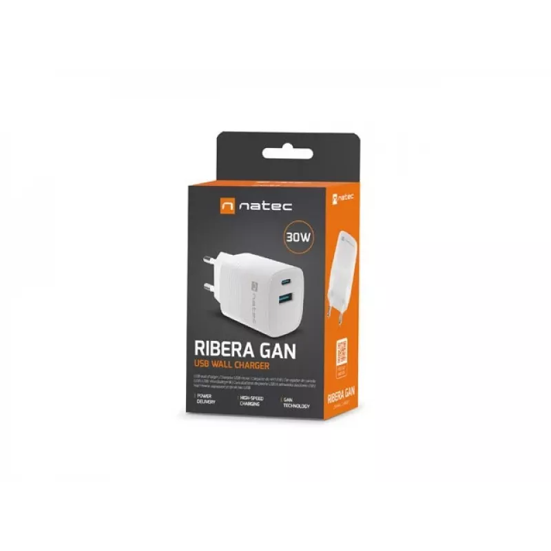 Caricabatterie con filo per dispositivi mobili NATEC NUC-2140, 30W, USB-C PD 3.0 + USB-A, Samsung AFC, bianco