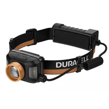 Torcia frontale Duracell DH1500R — nera/arancione, illuminazione ricaricabile a mani libere