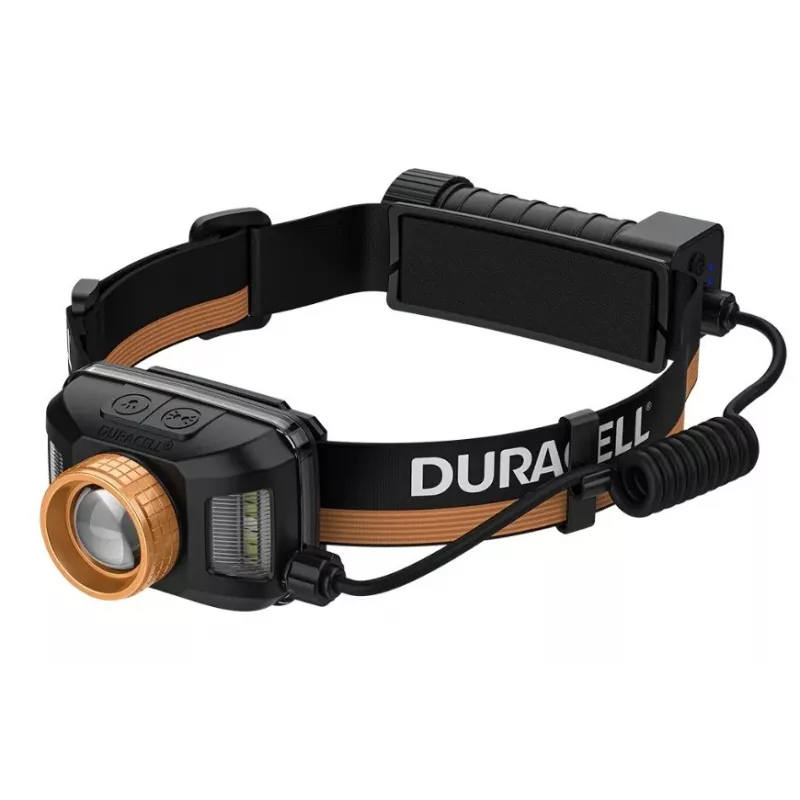 Torcia frontale Duracell DH1500R — nera/arancione, illuminazione ricaricabile a mani libere