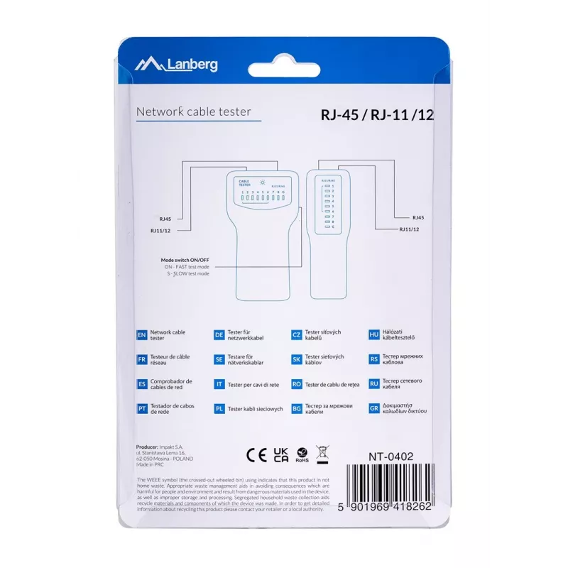 Lanberg NT-0402 tester per cavi di rete PoE, blu/bianco