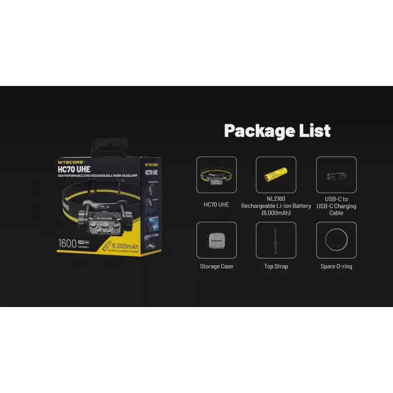 Nitecore HC70 UHE torcia frontale, 1600 lm, 6 LED, IP68, ricaricabile via USB, alluminio, 172 g, nera