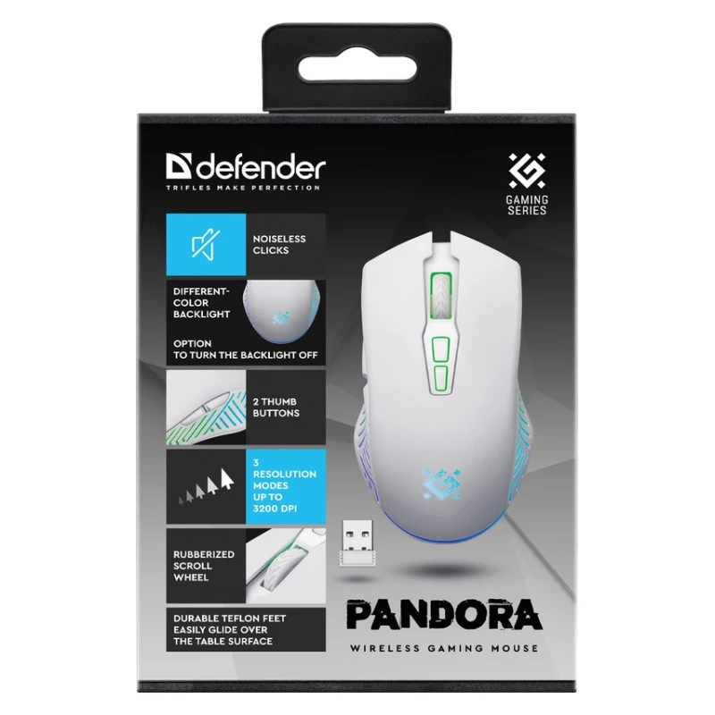 Mouse gaming wireless DEFENDER Pandora White – ambidestro, 3200 DPI, 6 tasti, programmabile, ottico, USB
