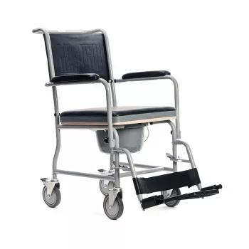 Sedia a rotelle per WC MDH PLW006VC — sedia per WC pieghevole in acciaio, 4 ruote, max 110 kg, seduta 43×43 cm, larghezza 530 mm, peso 11,2 kg
