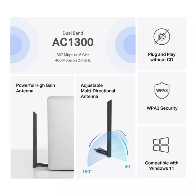 Mercusys MA30H adattatore Wi-Fi USB AC1300 High Gain dual-band, nero