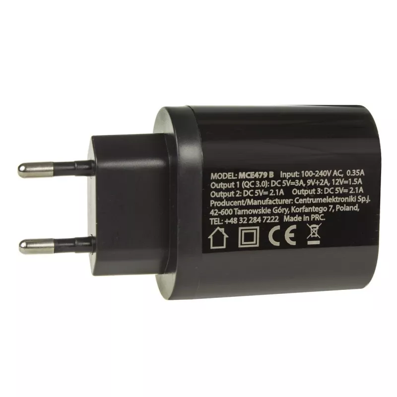 Caricabatterie da parete USB MACLEAN MCE479B — 3 porte USB, 18W di potenza totale, compatto