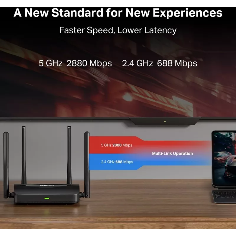 Router da tavolo MERCUSYS MR25BE EasyMesh Wi‑Fi 7 dual‑band 2,4/5 GHz, 3600 Mbit/s, 3× Gigabit-LAN, 4 antenne esterne