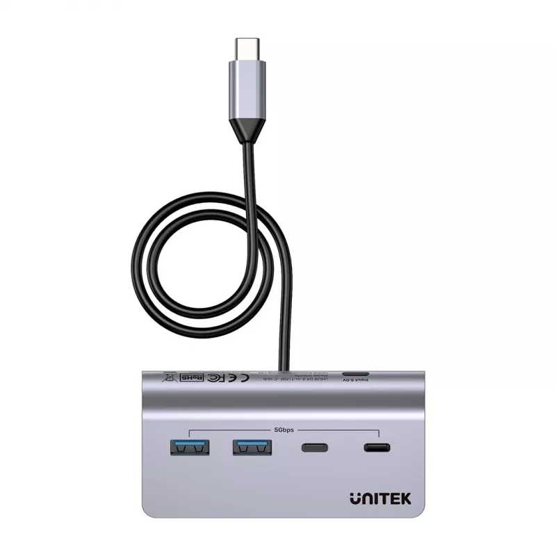 Hub USB Unitek H1337AGY01 – 4 porte (2×USB-C, 2×USB-A), fino a 5 Gbit/s per porta, alluminio, argento