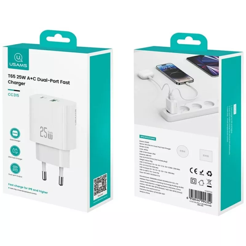 Caricabatterie usams USA001630 25W, 1× USB-A + 1× USB-A, ricarica rapida