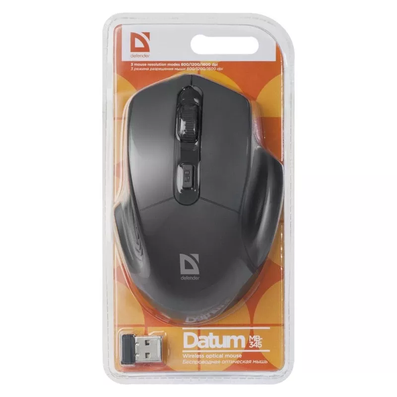 Mouse ottico wireless DEFENDER Datum MB-345 RF, ambidestro/destro, 1600 DPI, 3 tasti, ricevitore USB RF, nero