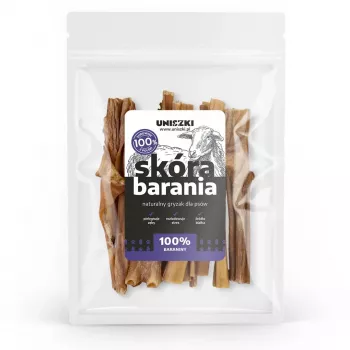 Snack per cani UNISZKI pelle di pecora 100 g — snack da masticare ipoallergenico di agnello, sacchetto 100 g, proteine 50,79 %, grassi 36,37 %