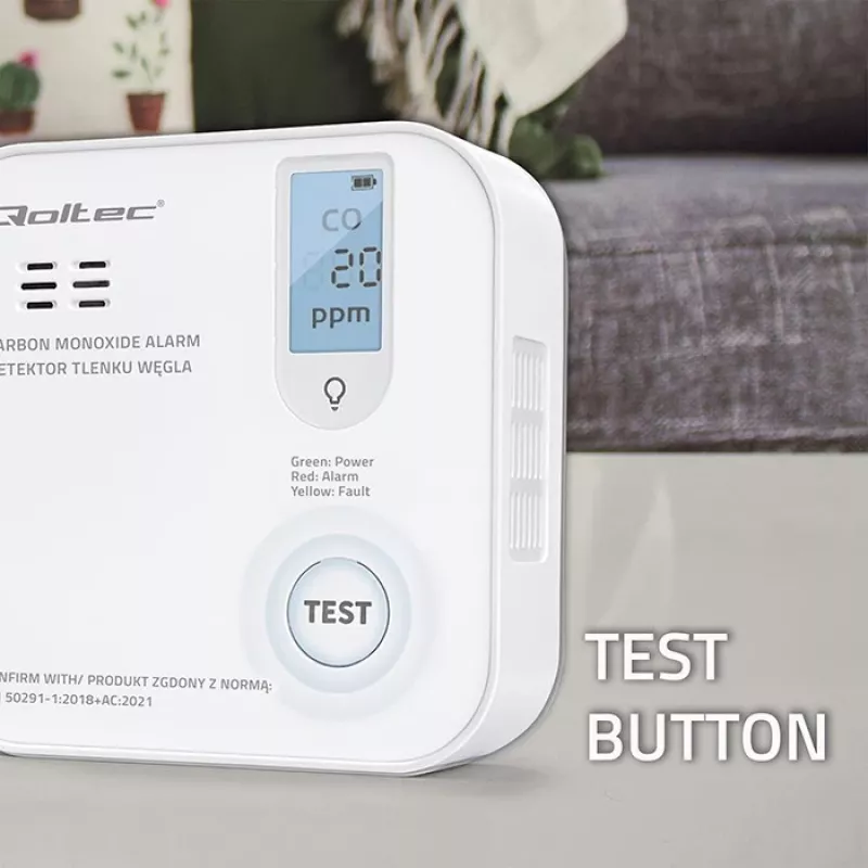 Rilevatore di monossido di carbonio QOLTEC 52577 — allarme a batteria, livello sonoro 85 dB