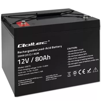 Qoltec Accumulatore AGM | 12V | 80Ah | 23,5kg | Bezobsługowy | Mocny | LongLife | per UPS, camper, barca, stufa