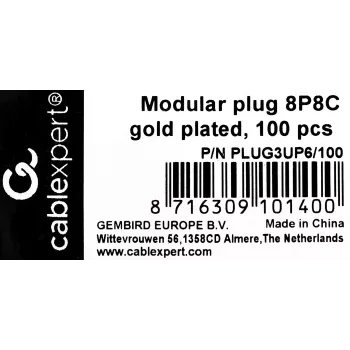 Connettore maschio RJ45 GEMBIRD PLUG3UP6/100, Cat5, connettore dritto, trasparente, contatti dorati, confezione da 100