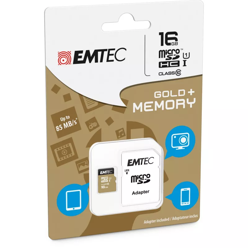 EMTEC Gold+ - scheda di memoria flash (adattatore SD incluso) - 16 GB - Class 10 - microSD - oro (ECMSDM16GHC10GP)