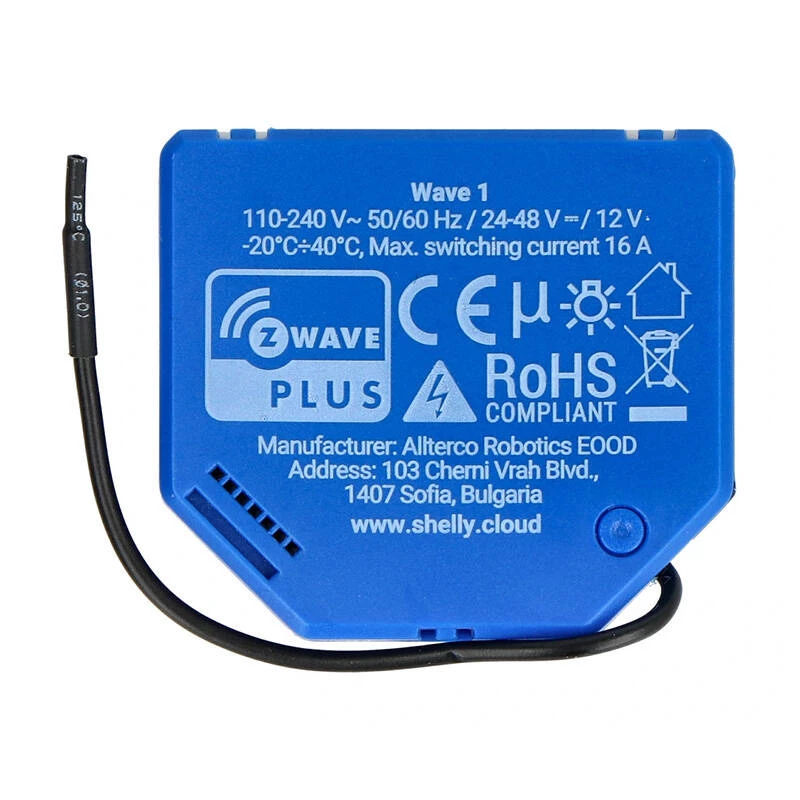 Relè intelligente Shelly Qubino Wave 1, 1 canale, da incasso, Z-Wave, 16 A, 110–240 V AC / 24–48 V DC, plastica, blu