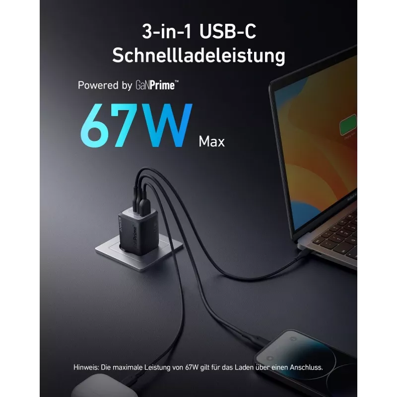 Caricabatterie USB rapido da interno Anker Prime A2669313 – 67 W, 1×USB-A, 2×USB-C, nero