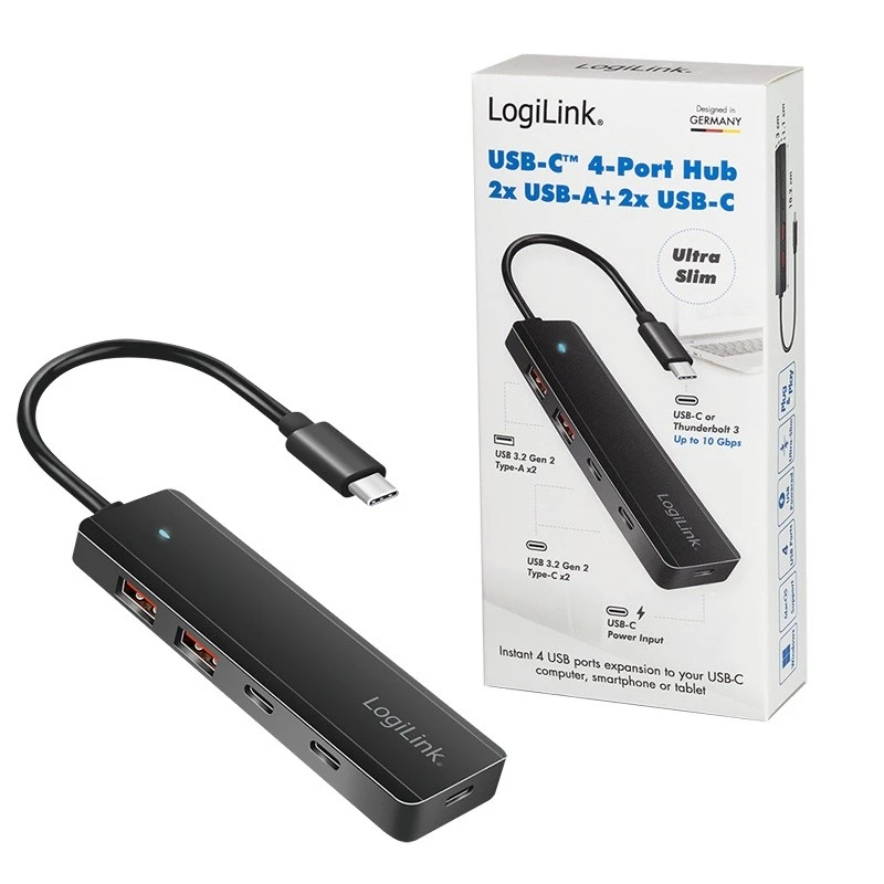 Hub USB-C, 4 porte 2x USB-A, 2x USB-C, nero