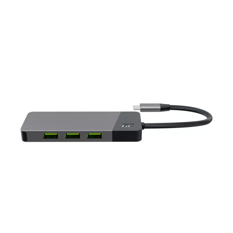 Hub USB Type-C Green Cell HUBGC01 — 7 porte: 3×USB-A 3.2 Gen 1, 1×USB-C 3.2 Gen 1, HDMI, lettore schede microSD+SD — argento