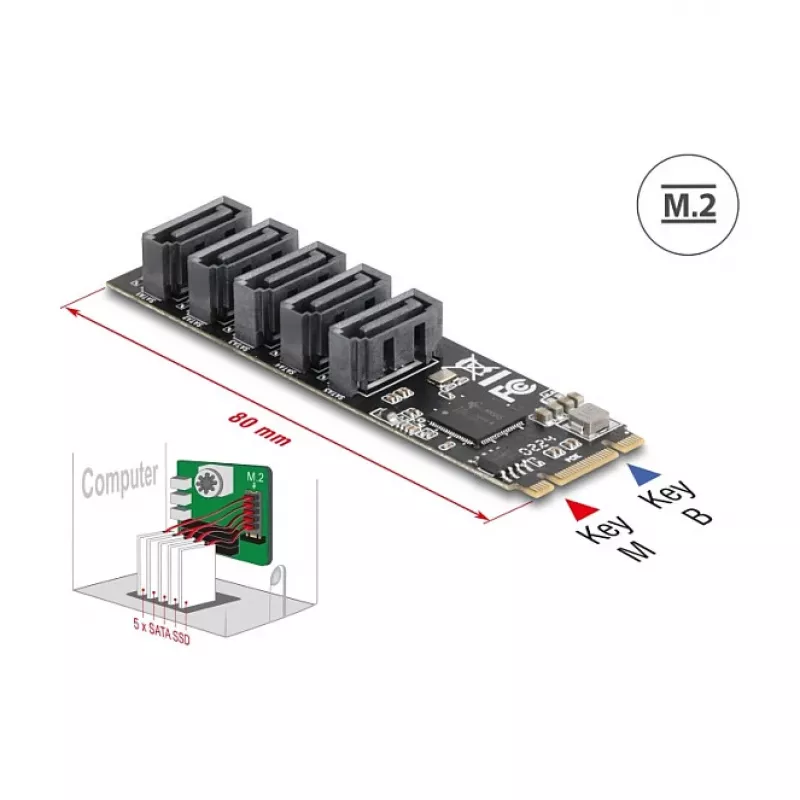 Adattatore SATA interno DELOCK 64241 M.2 (Key B+M) a 5x SATA con JMicron JMB585, indicatori LED, per PC