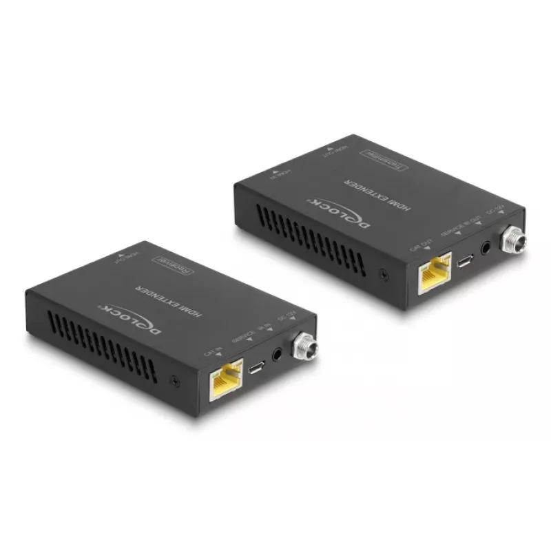 Set trasmettitore e ricevitore AV DELOCK 65955 — extender HDMI Cat6/Cat6a, fino a 3840×2160, con filo, alimentazione Micro-USB-B