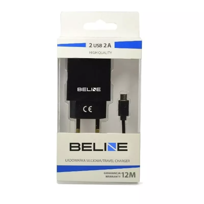 Caricabatterie da viaggio Beline Beli0011 — 2 porte USB, cavo microUSB, uscita 2A, nero