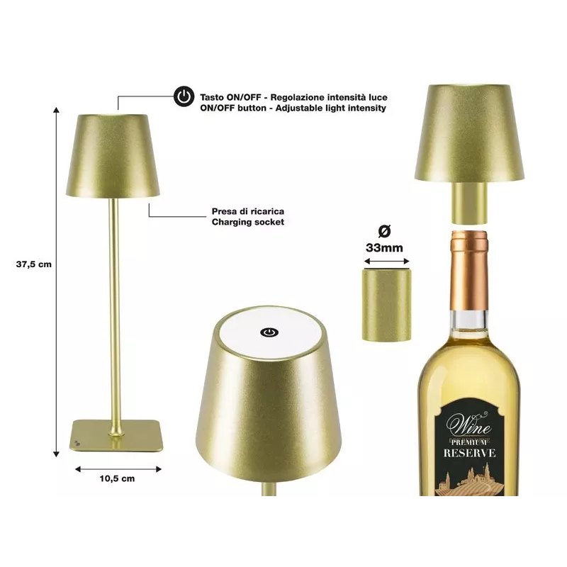 Beper P201UTP116 lampada da tavolo LED ricaricabile, 1,5 W, interruttore touch, dimmerabile, adattatore per bottiglia da 33 mm, resistente all'acqua, oro