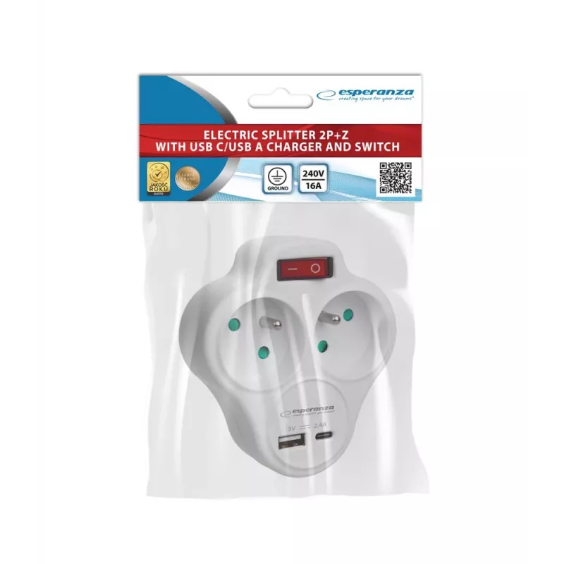 Splitter elettrico Esperanza ELK311W 2 prese GN. USB-C USB-A IN. bianco