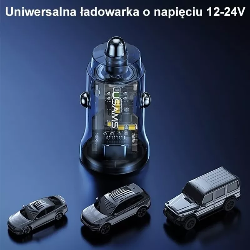 Caricabatterie da auto usams CC164CC01 30W con 1×USB-A e 1×USB-C per ricarica rapida