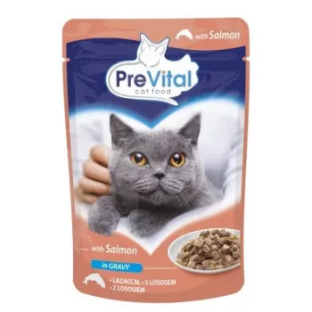 PREVITAL cibo umido per gatti salmone in salsa 100 g bustina — adulti, 9% proteine, 5% grassi, 82% umidità