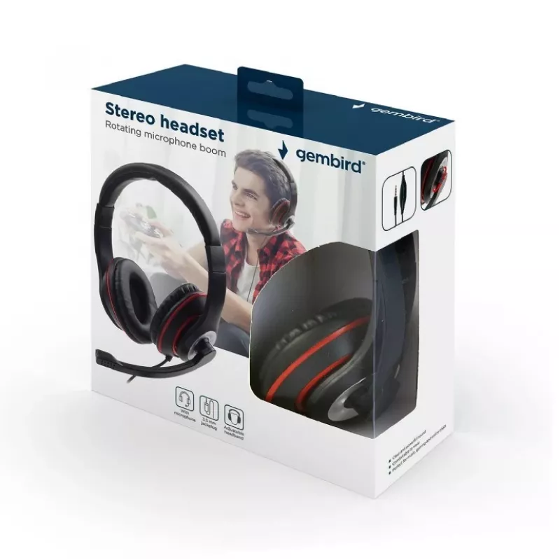 Headset gaming con filo GEMBIRD MHS-03-BKRD — binaurale, circumaurale, 3,5 mm, cavo 1,8 m, rosso/nero