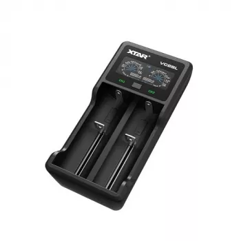 Caricabatterie XTAR VC2SL — USB 5V 1A, LCD, carica 2 celle, compatibile Li-Ion/NiMH/NiCd, formati A/AA/AAA/AAAA/C/D/SC, nero