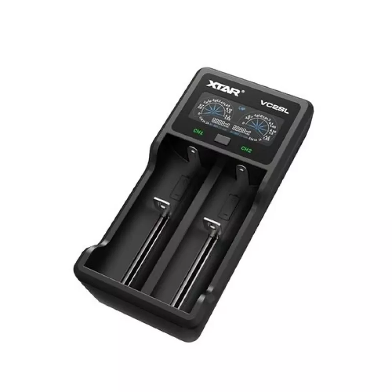 Caricabatterie XTAR VC2SL — USB 5V 1A, LCD, carica 2 celle, compatibile Li-Ion/NiMH/NiCd, formati A/AA/AAA/AAAA/C/D/SC, nero