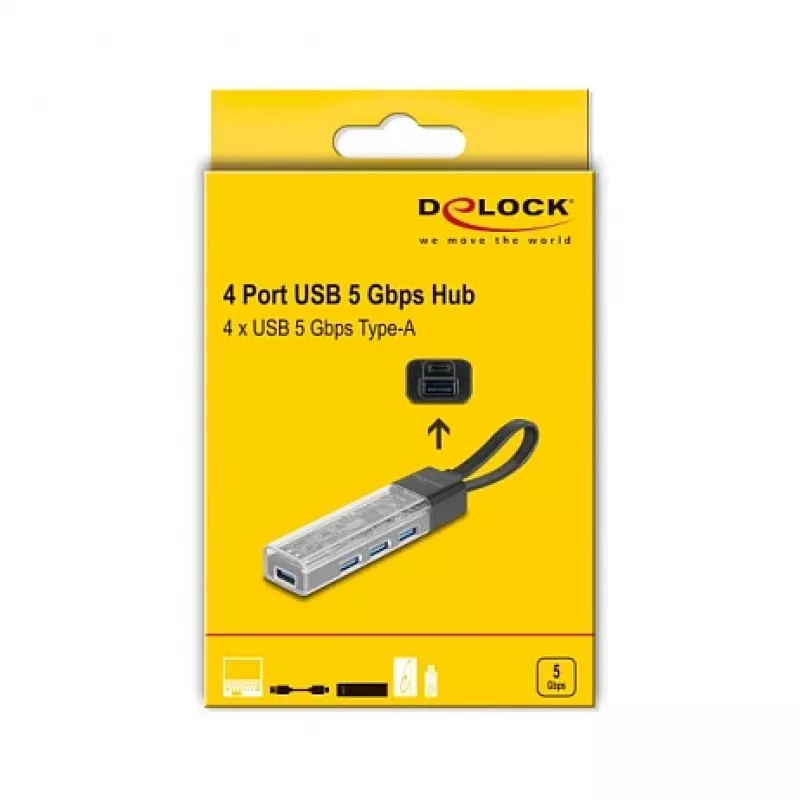Hub USB 3.2 Gen 1 (3.1 Gen 1) DELOCK 4 porte con host Type-A + Type-C (5000 Mbit/s) nero/trasparente