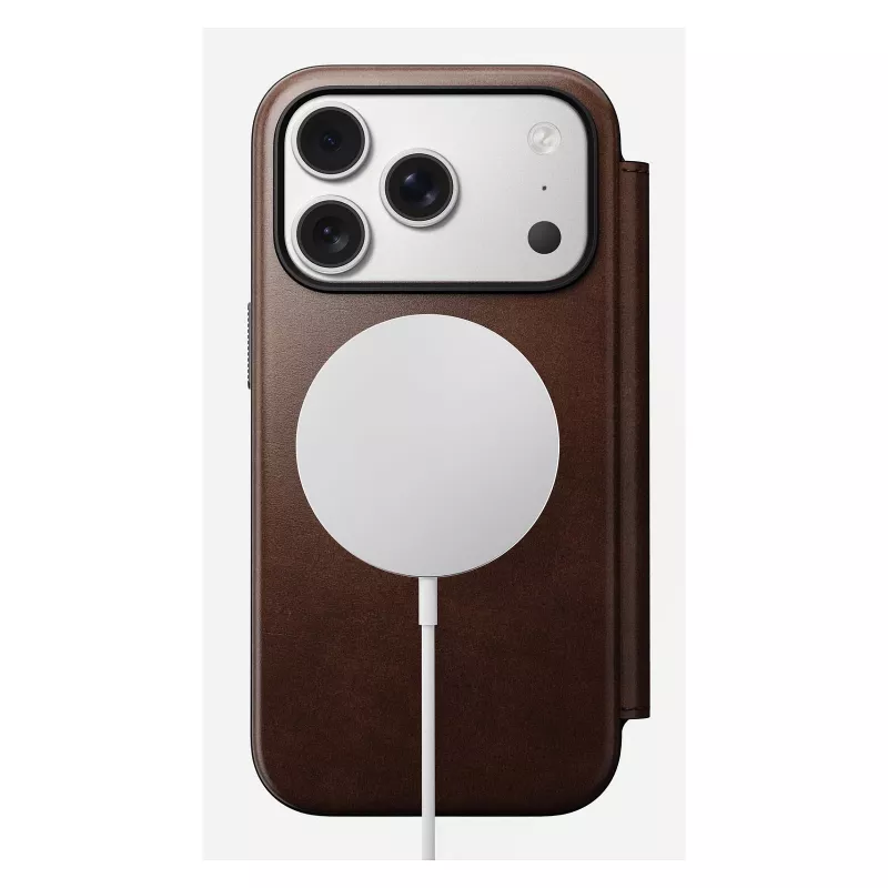 Custodia per smartphone Nomad Modern Leather Folio per iPhone 17 Pro, pelle/alluminio, 16 cm (6,3 pollici) marrone, 4 scomparti per carte