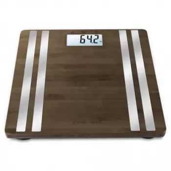 Bilancia pesapersone elettronica Medisana BS 552 — color argento con superficie in bambù, max 180 kg, precisione 100 g, Bluetooth, BMI, composizione corporea