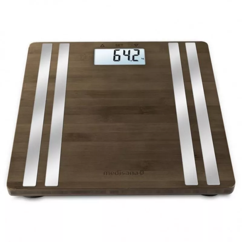 Bilancia pesapersone elettronica Medisana BS 552 — color argento con superficie in bambù, max 180 kg, precisione 100 g, Bluetooth, BMI, composizione corporea