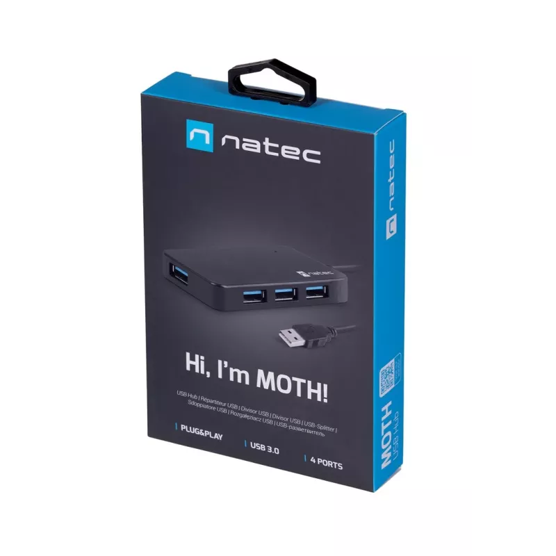 Hub USB NATEC Moth 4 porte USB 3.2 Gen 1 Type-A (5000 Mbit/s), alimentato via USB, nero, cavo 0,15 m