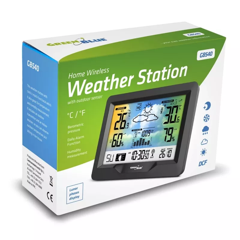 Igrometro termometro GreenBlue GB540 — interno 0–50°C / esterno -20–65°C, orologio DCF, sensore esterno 60 m, nero