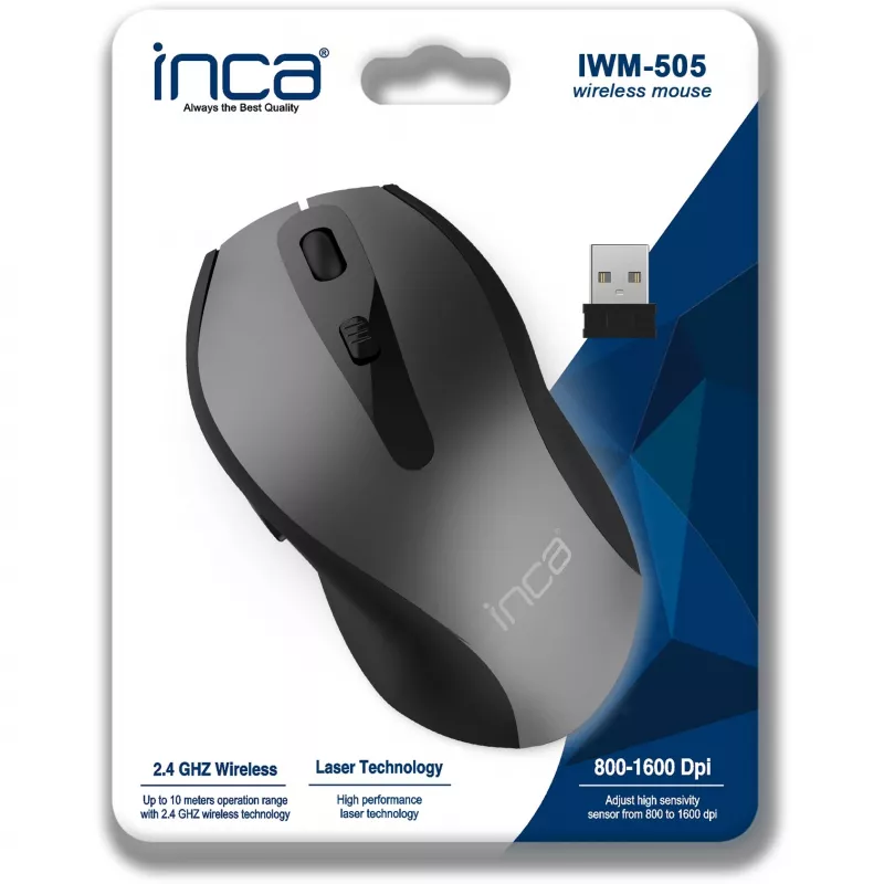 Mouse INCA IWM-505 ergonomico wireless 1600 DPI laser nero retail - Mouse - 1.600 dpi
