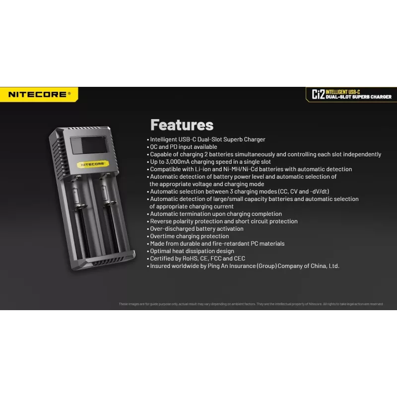 Caricabatterie Nitecore Ci12 caricatore universale USB per Li‑Ion, NiCd, NiMH, ingresso 3A 5/9/12V, case in plastica
