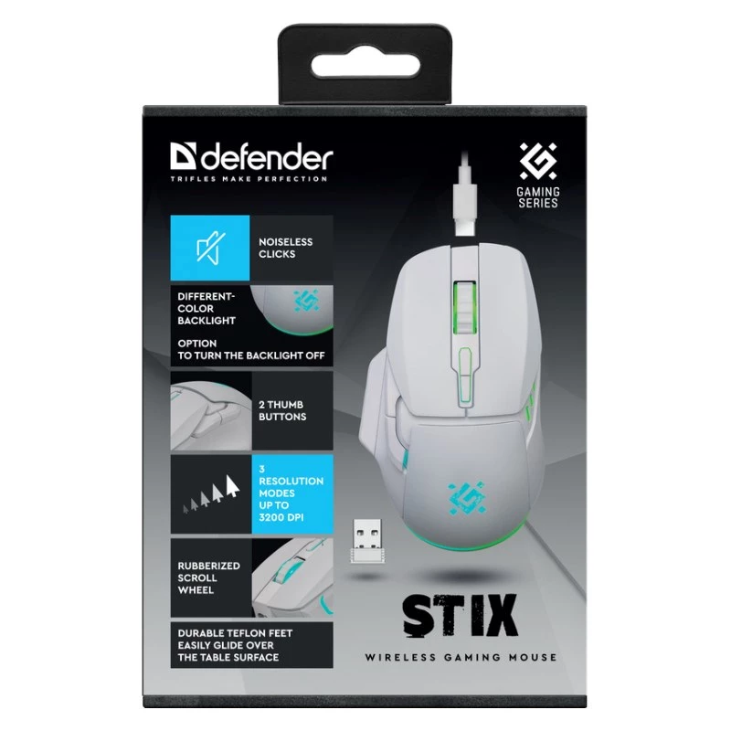 Mouse wireless DEFENDER Stix GM-009 RF — ottico 3200 DPI, 6 tasti, ambidestro, USB RF, a batteria, bianco