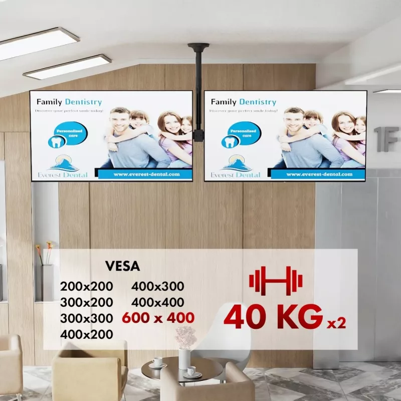 Supporto da soffitto MACLEAN MC-111 B per due televisori, carico max. 2×40 kg, VESA max. 600×400