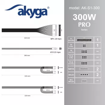 Akyga AK-S1-300 300 W SFX Power Supply, Passive PFC, 80 mm Fan, Black